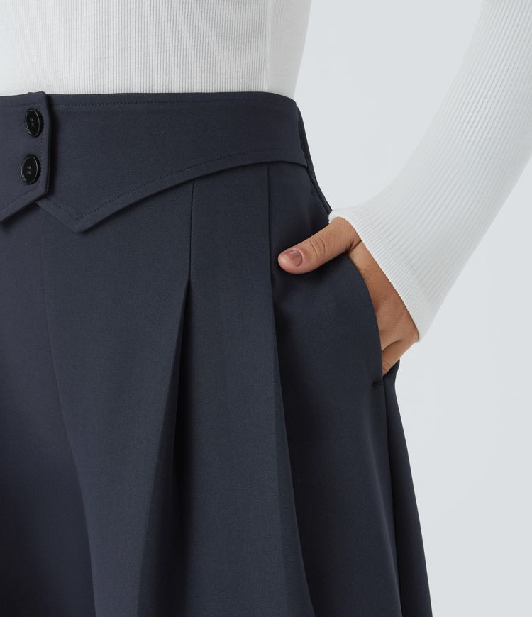 High waist decorative button hidden zipper side pockets wide leg work pants