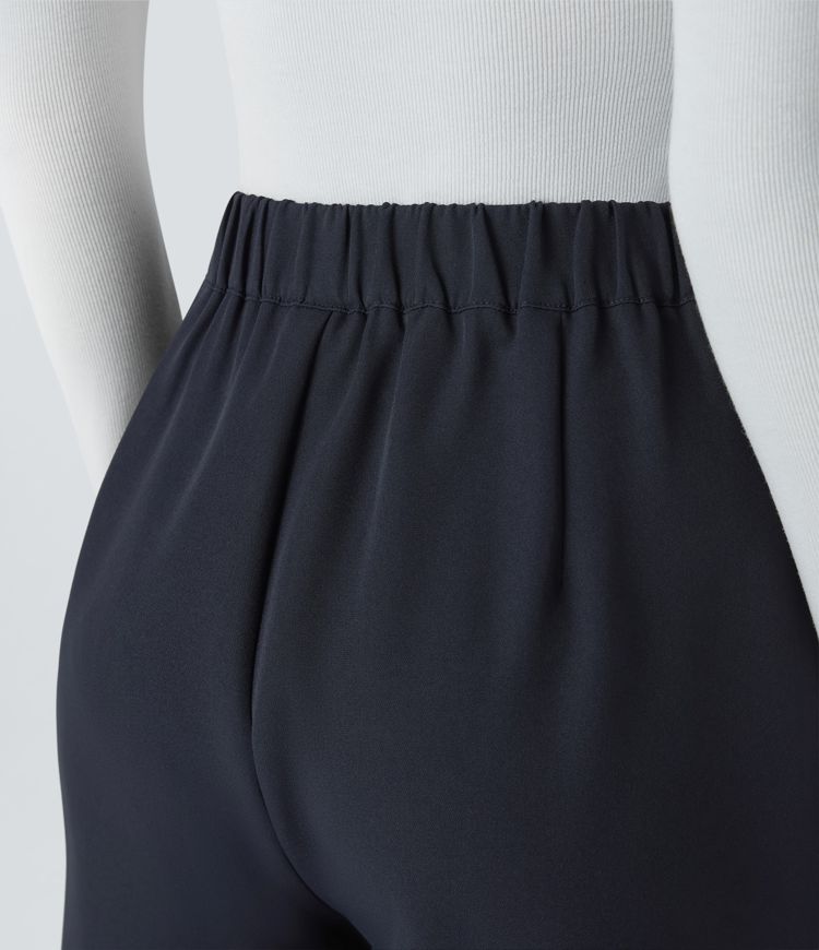 High waist decorative button hidden zipper side pockets wide leg work pants