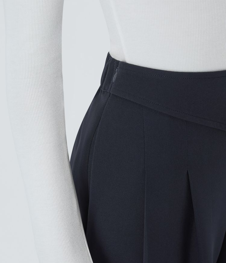 High waist decorative button hidden zipper side pockets wide leg work pants