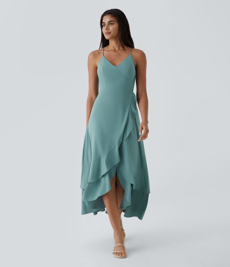 Breezeful™ Backless Criss Cross Lace-Up Side Zipper Ruffle Split Hem Maxi Quick-Dry Casual Dress