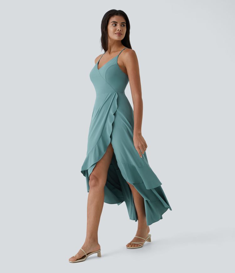 Breezeful™ Backless Crisscross Lace Up Side Zipper Ruffle Split Hem Maxi Quick Dry Casual Dress