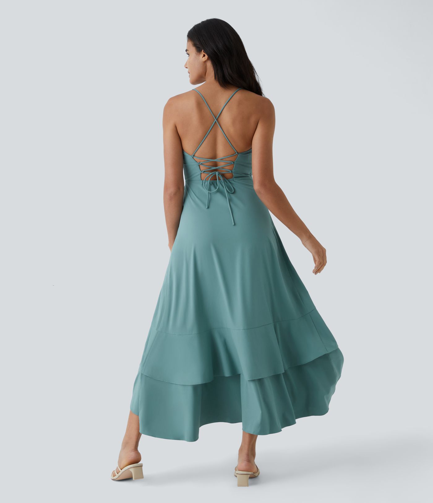 Breezeful™ cross-shaped lace-up side zipper ruffle split hem maxi quick dry casual dress