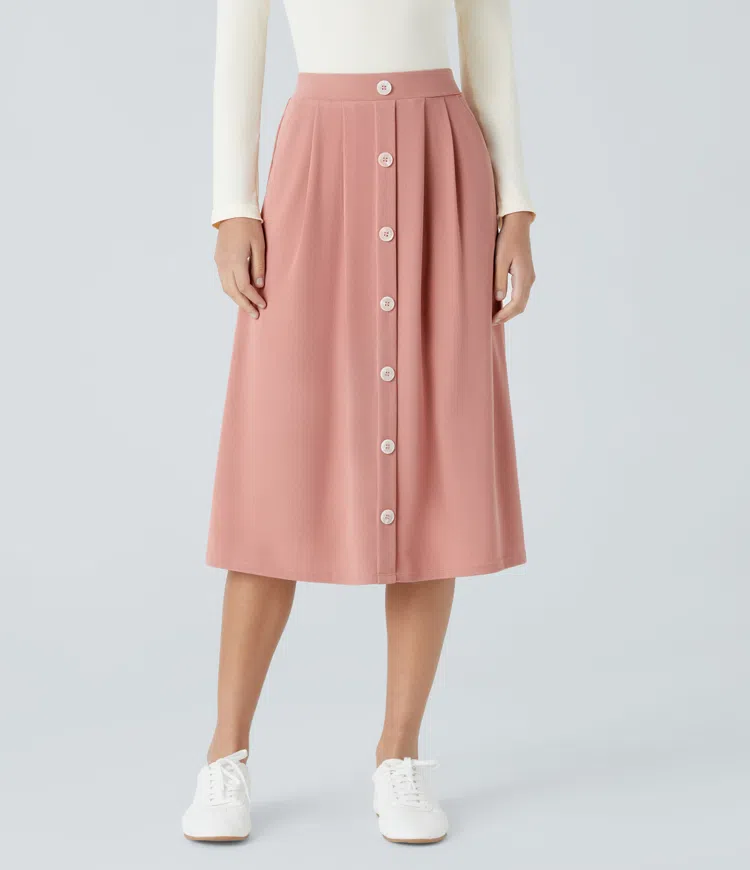 High-waisted button decoration pleated side pocket waffle A-line midi casual skirt