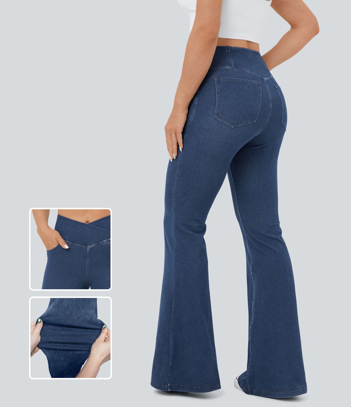 Jeans Halara Flex™ Denim súper acampanado elástico lavado bolsillo cruzado tiro alto