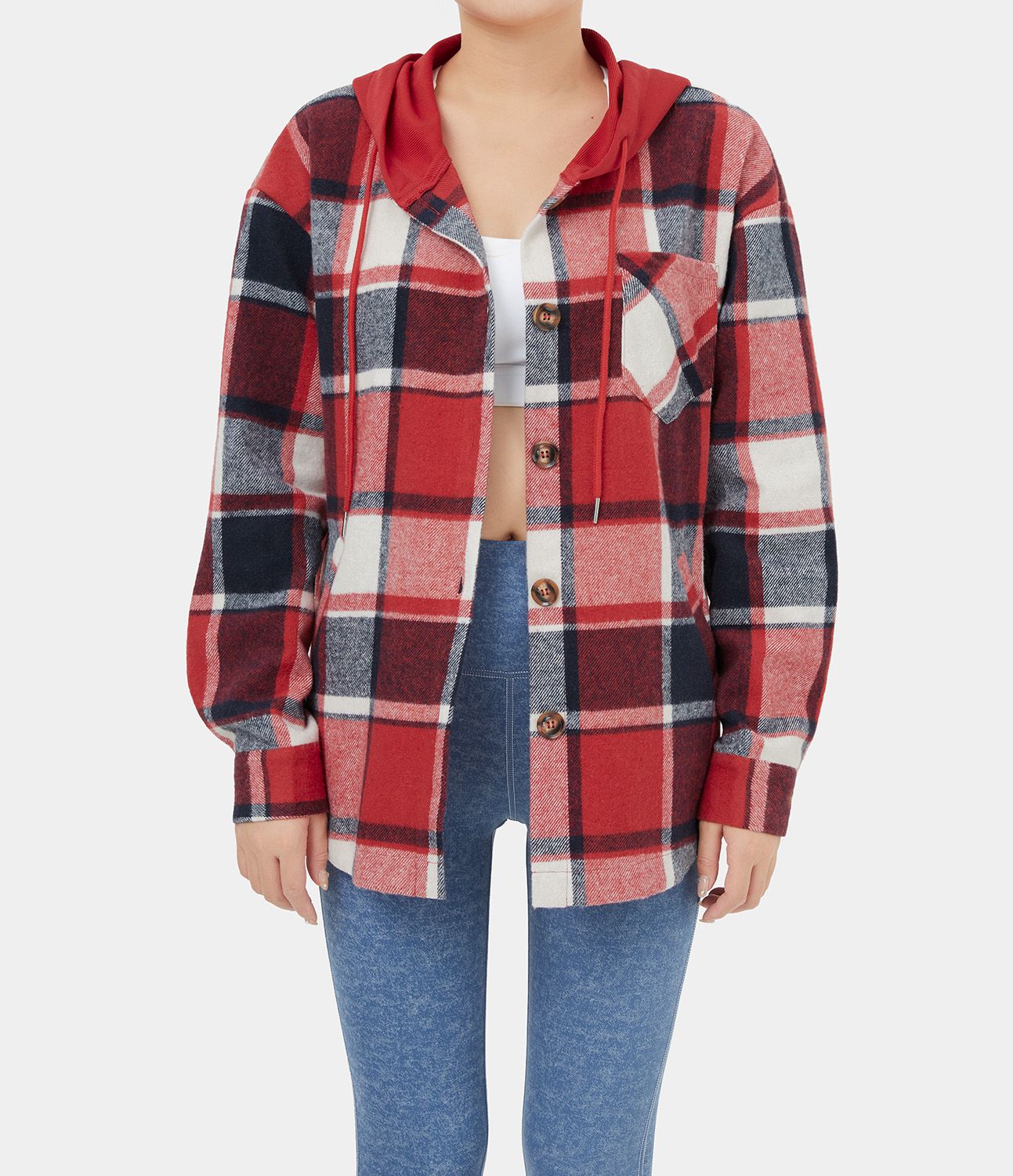 Chaqueta polar a cuadros con capucha y bolsillos