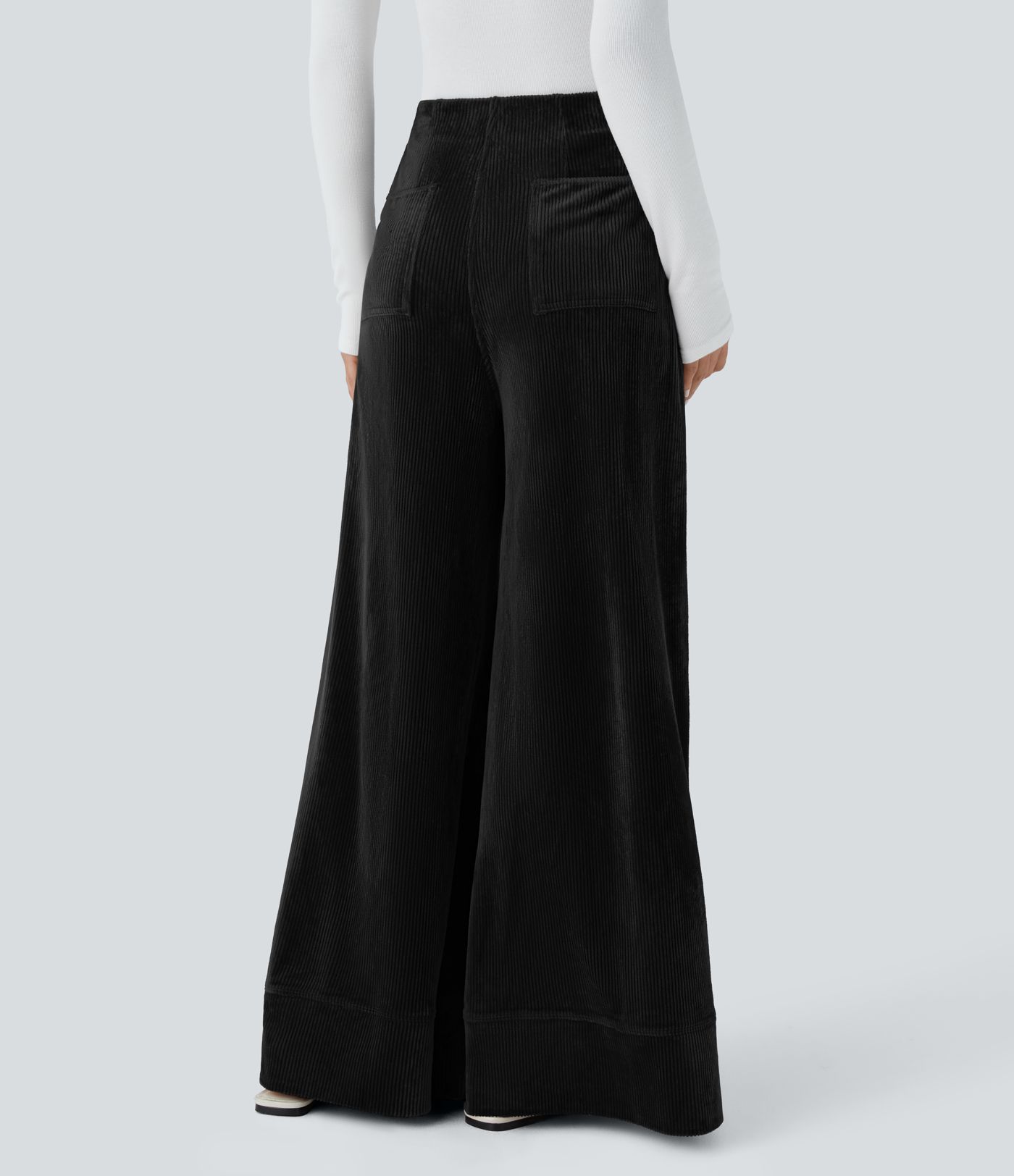 Ribbed Velvet High Wasted Pockets Wide Leg Palazzo Casual Pants
