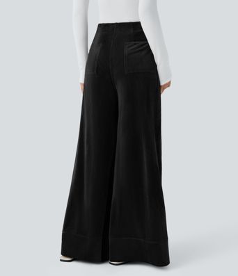 Ribbed Velvet High Wasted Pockets Wide Leg Palazzo Casual Pants