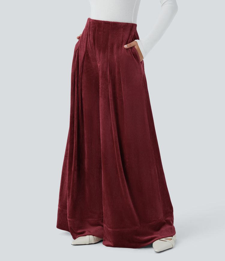Women's Ribbed Velvet High Wasted Pockets Wide Leg Palazzo