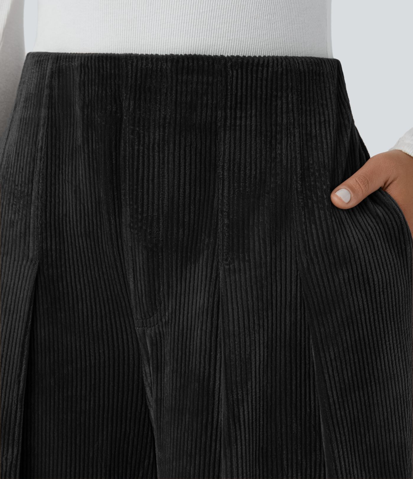 Ribbed Velvet High Wasted Pockets Wide Leg Palazzo Casual Pants