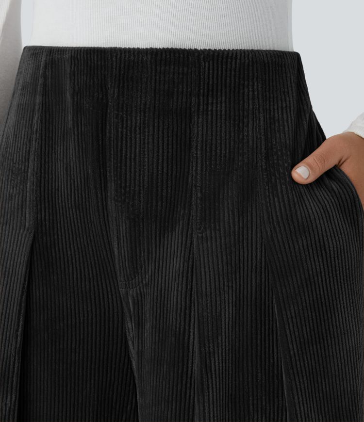 Ribbed Velvet High Wasted Pockets Wide Leg Palazzo Casual Pants