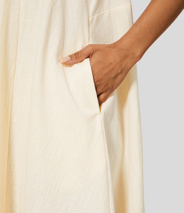 Robe Midi Casual Col en V Sans Manches Dos Nu Croisé avec Lacets Poches Latérales Tissu Effet Lin