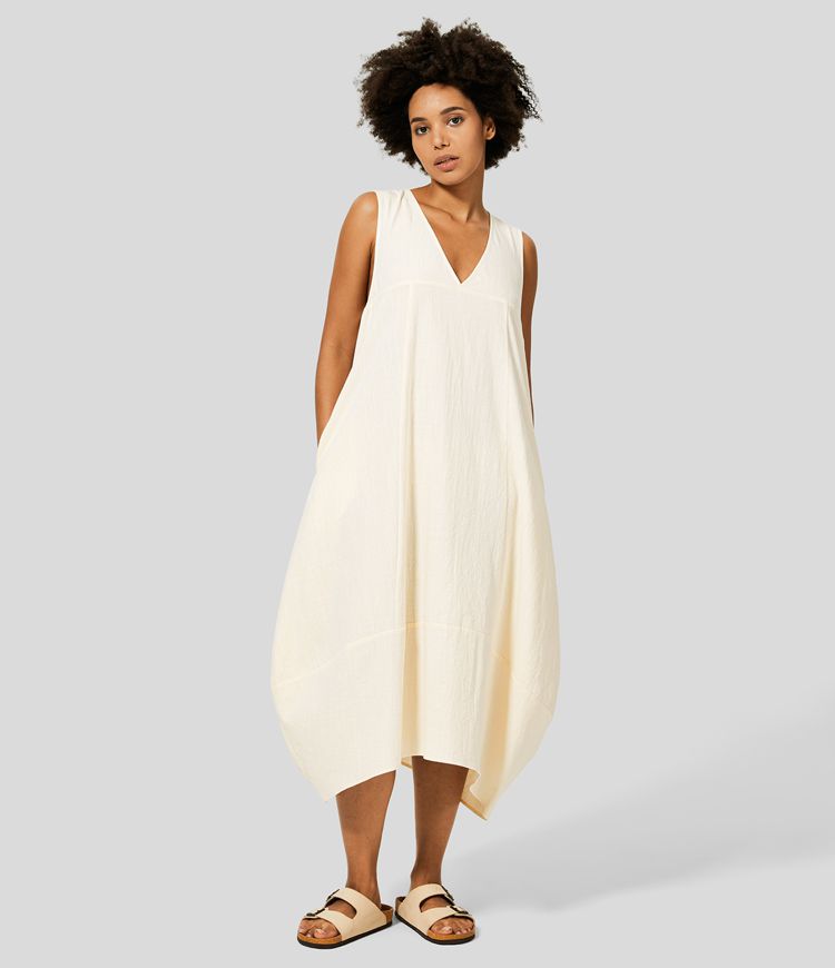 Sleeveless, backless, tie-up, casual flowy midi dress in cotton with side pockets and lacing