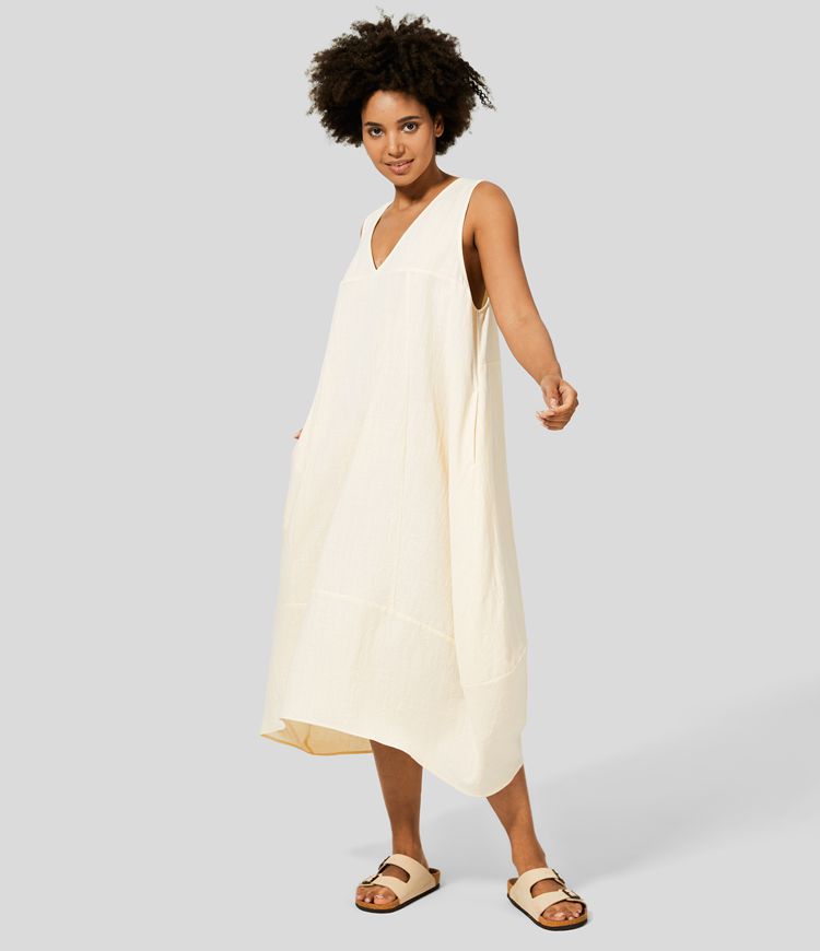 Sleeveless, backless, tie-up, casual flowy midi dress in cotton with side pockets and lacing
