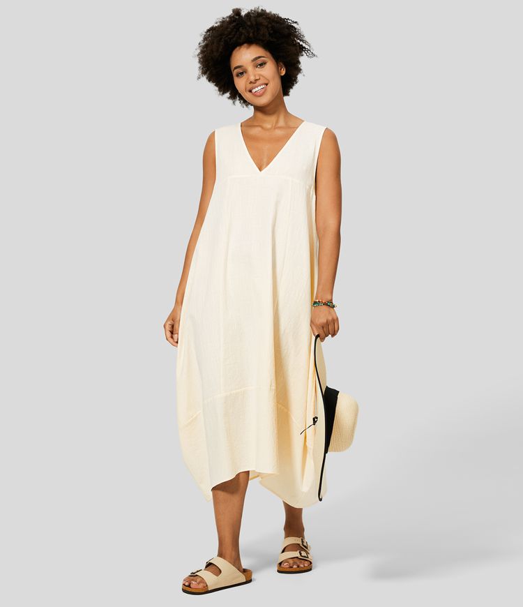 Sleeveless, backless, tie-up, casual flowy midi dress in cotton with side pockets and lacing