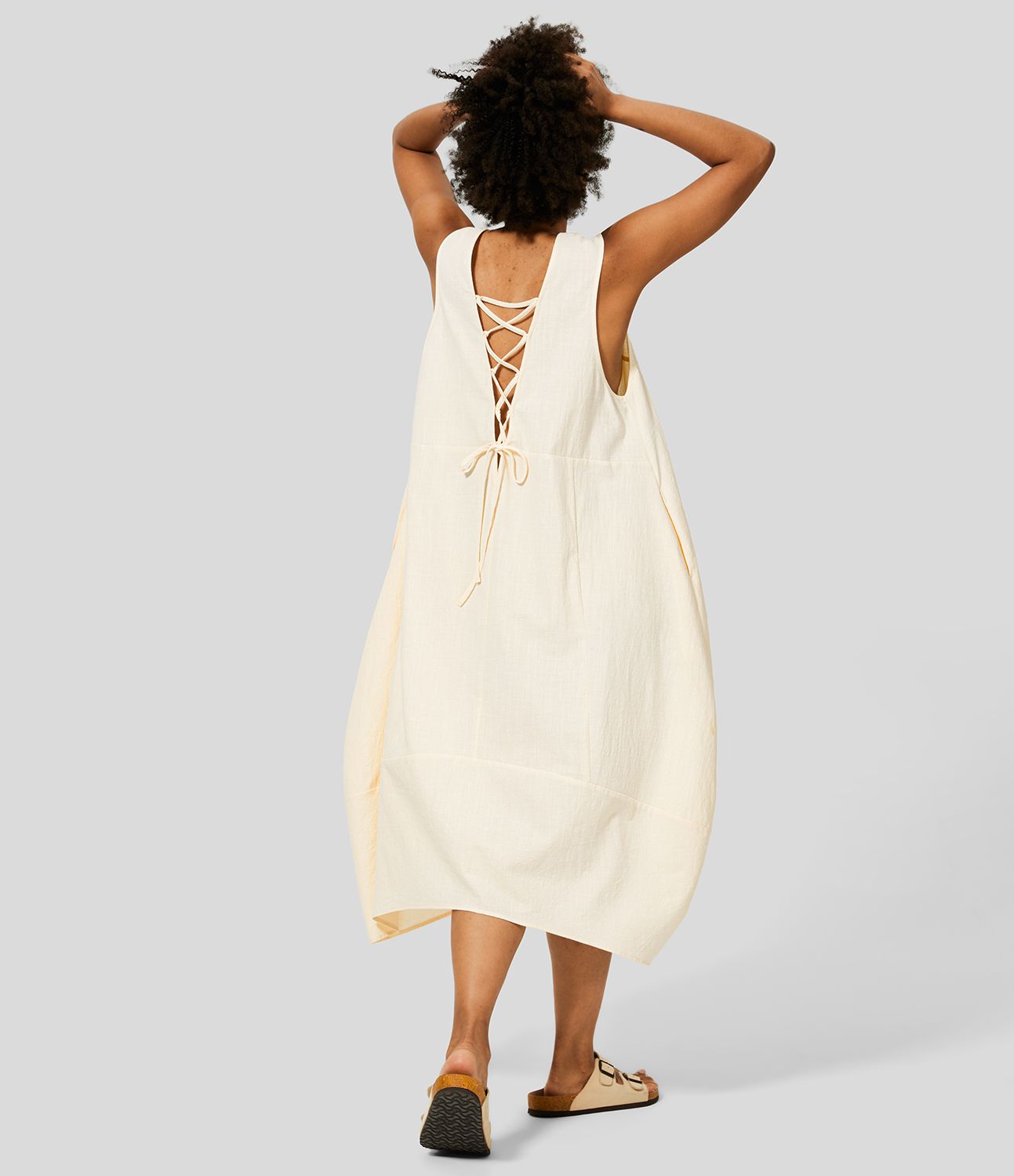Sleeveless, backless, tie-up, casual flowy midi dress in cotton with side pockets and lacing