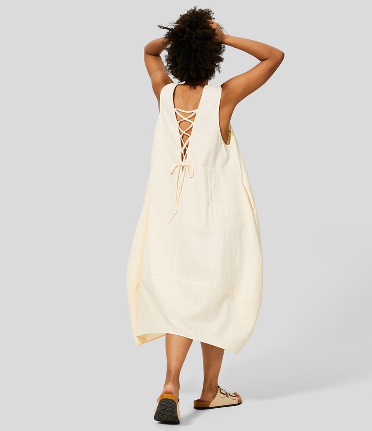 Sleeveless, backless, tie-up, casual flowy midi dress in cotton with side pockets and lacing
