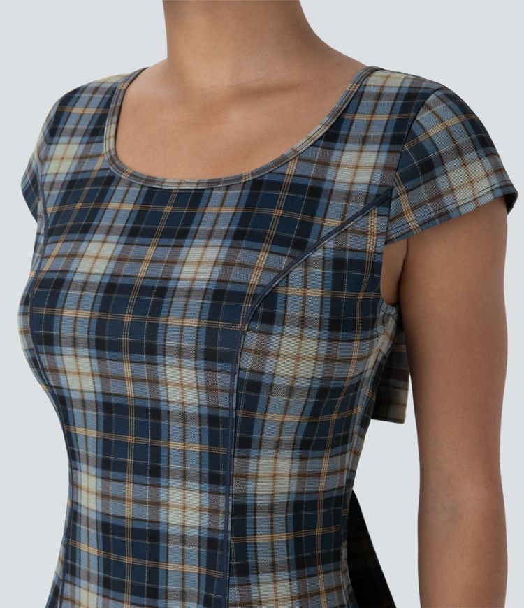 Backless Tieback U-Neck Checkered Pleated Hem Mini Casual Dress