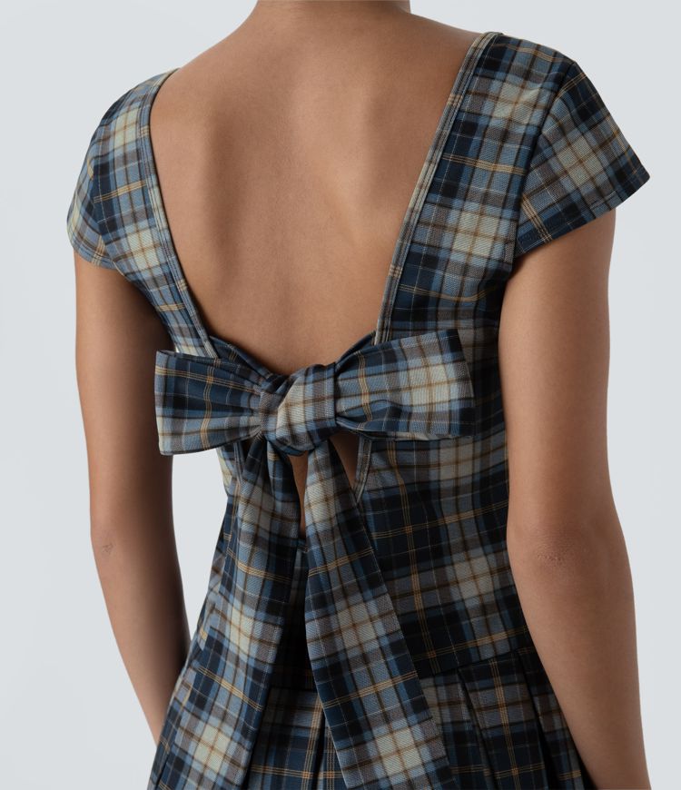 Backless Tieback U-Neck Checkered Pleated Hem Mini Casual Dress