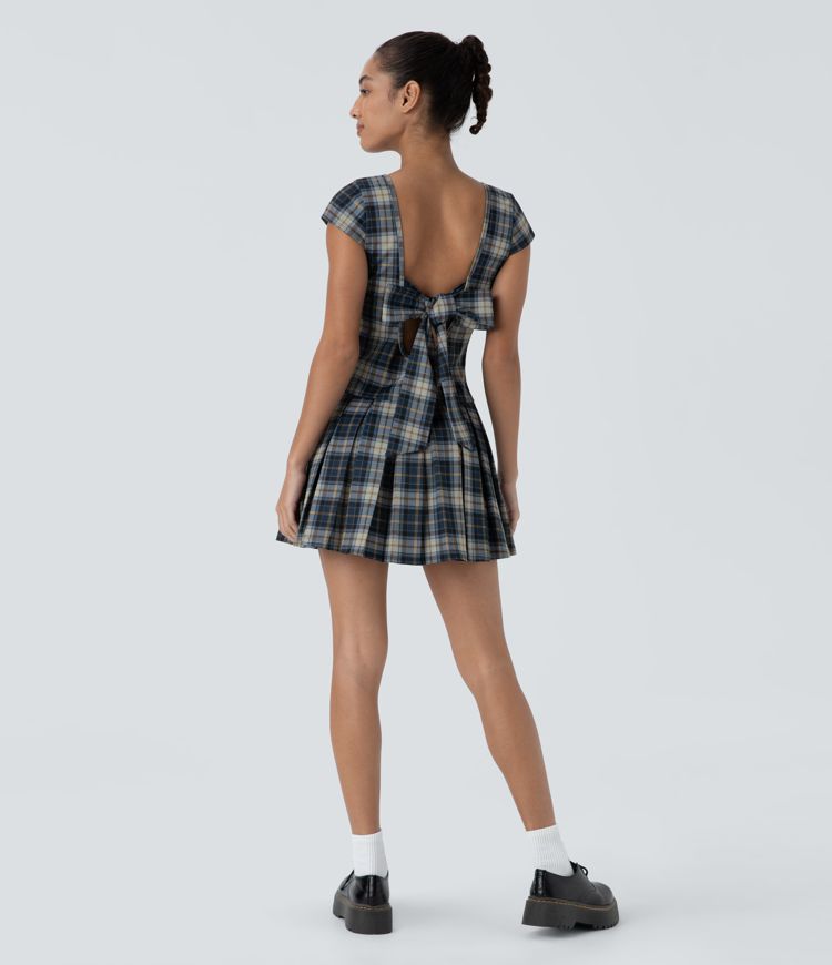 Backless Tieback U-Neck Checkered Pleated Hem Mini Casual Dress