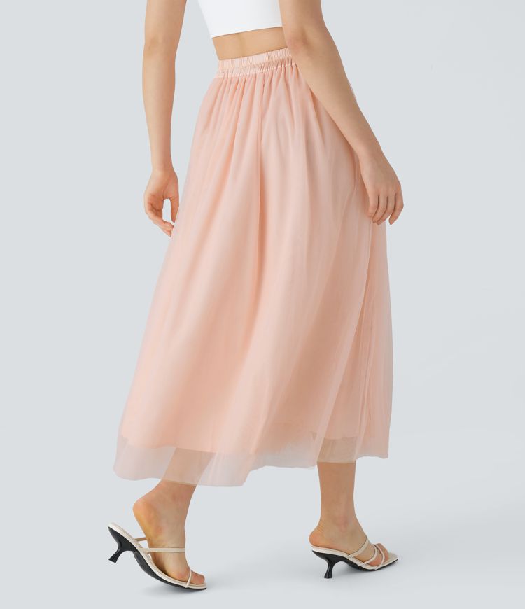 Fließender, ausgestellter Midi Tüllrock mit hohem Bund und Kontrastnetz, Sommerrock