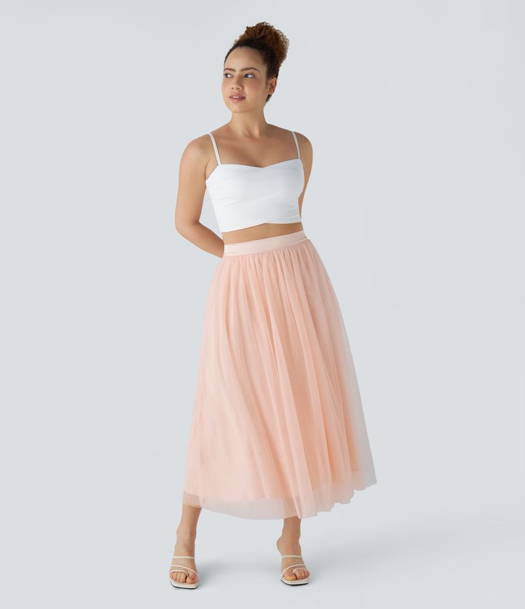 Fließender, ausgestellter Midi Tüllrock mit hohem Bund und Kontrastnetz, Sommerrock