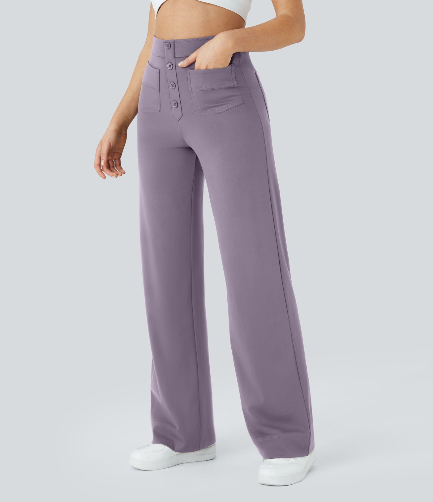 High-waisted button-down multiple-pocket straight-cut casual work pants