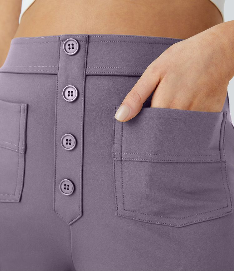 High-waisted button-down multiple-pocket straight-cut casual work pants