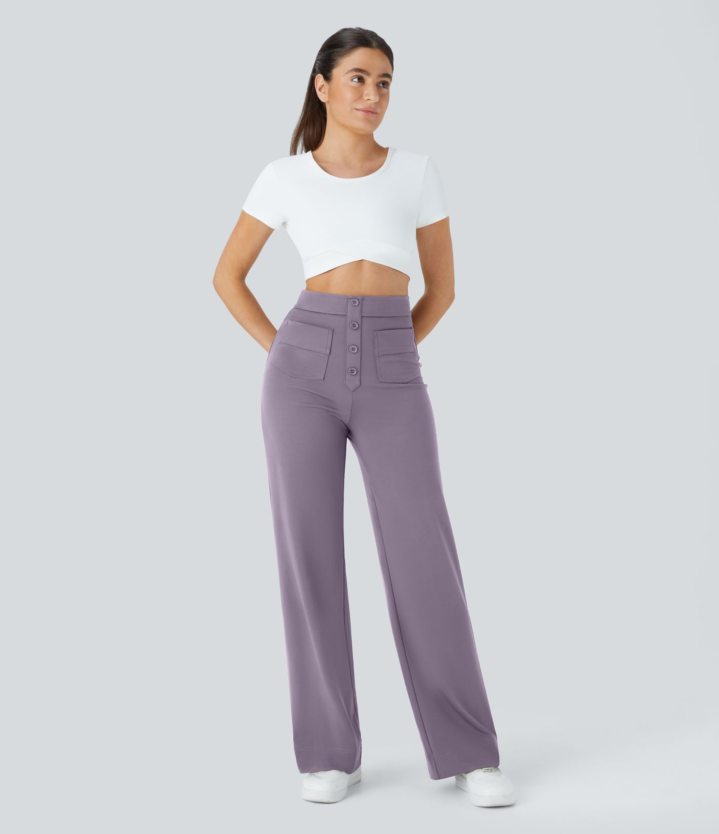 High-waisted button-down multiple-pocket straight-cut casual work pants