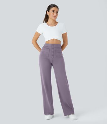 High-waisted button-down multiple-pocket straight-cut casual work pants