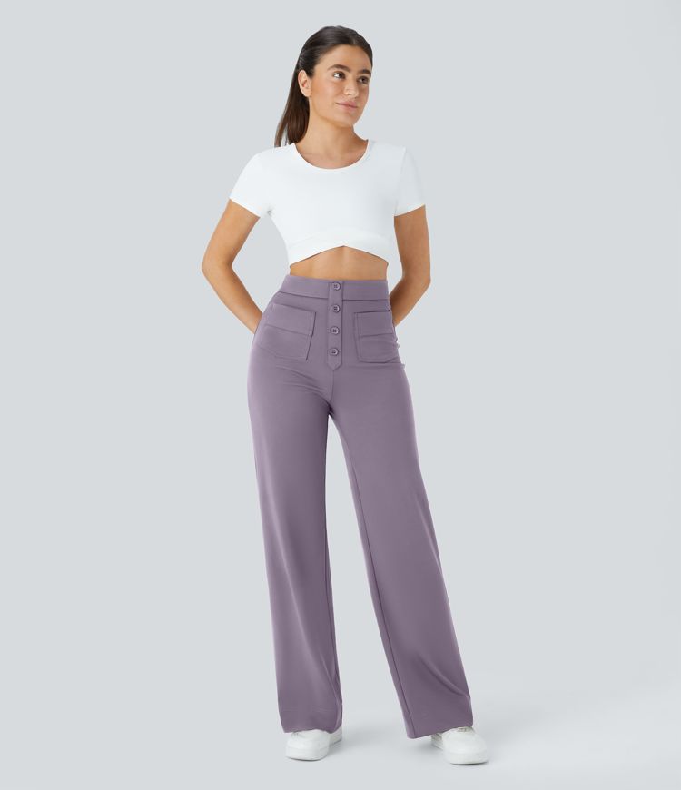 High-waisted button-down multiple-pocket straight-cut casual work pants