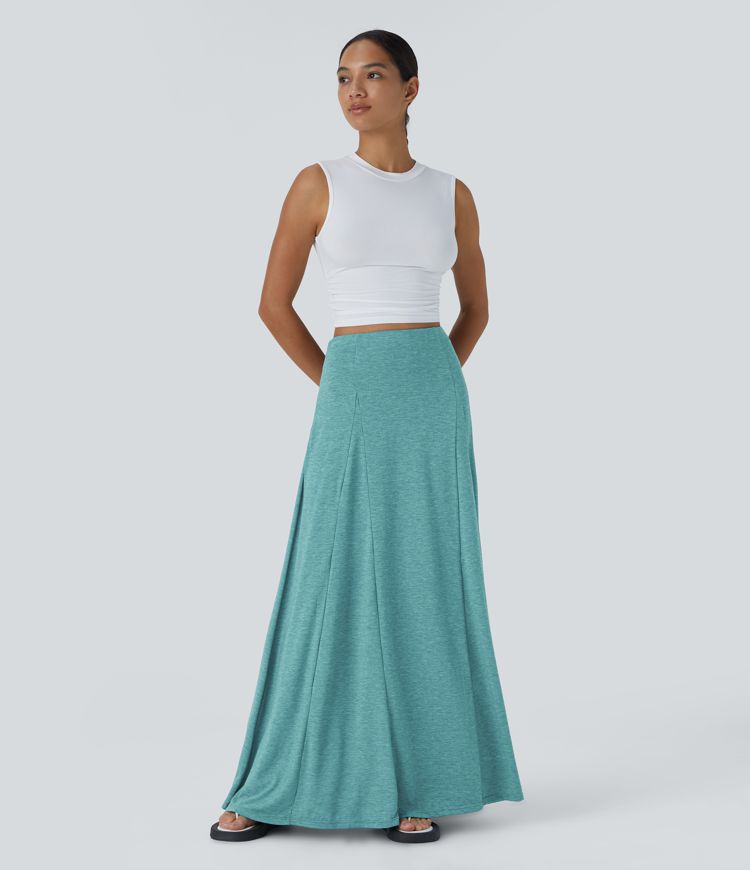 High Waisted Side Zipper Maxi Casual Flare Skirt