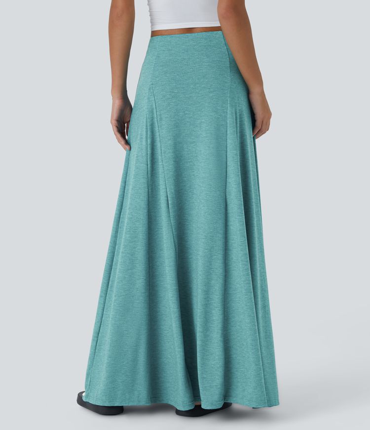 High Waisted Side Zipper Maxi Casual Flare Skirt