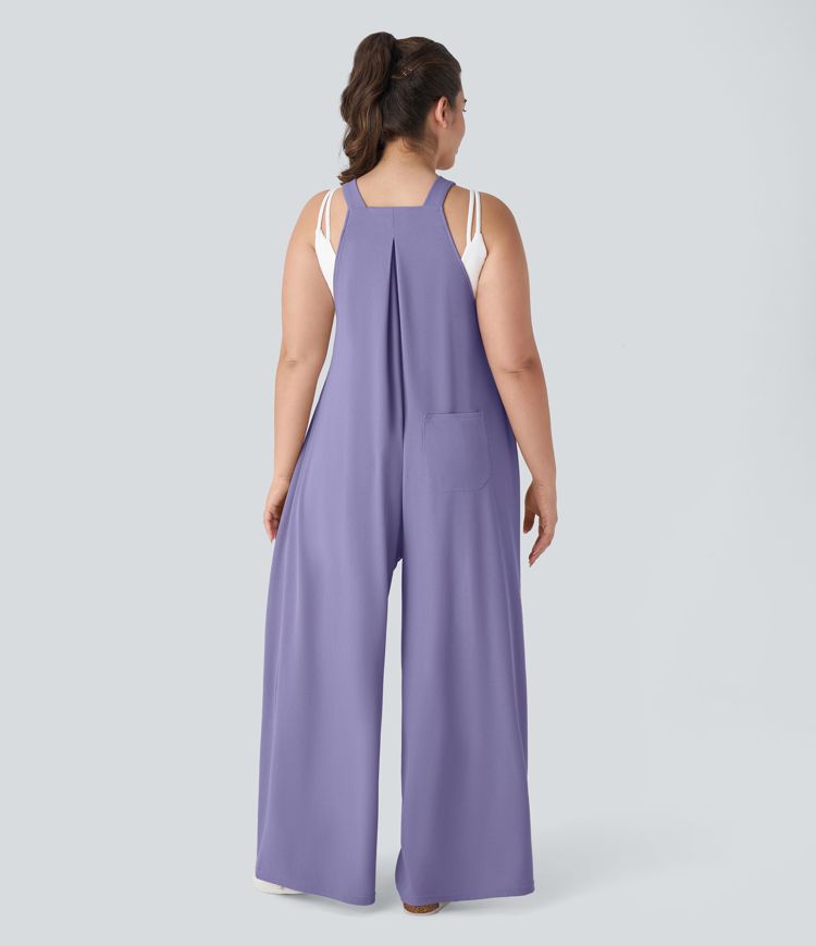 Adjustable Strap Button Multiple Pockets Plicated Waffle Casual Plus Size Overalls