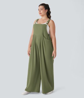 Adjustable Strap Button Multiple Pockets Waffle Casual Plus Size Dungarees