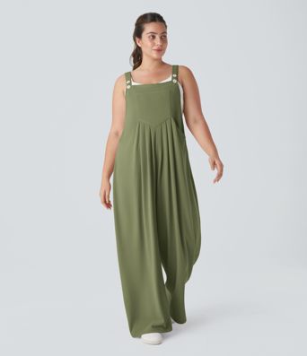 Adjustable Strap Button Multiple Pockets Waffle Casual Plus Size Dungarees