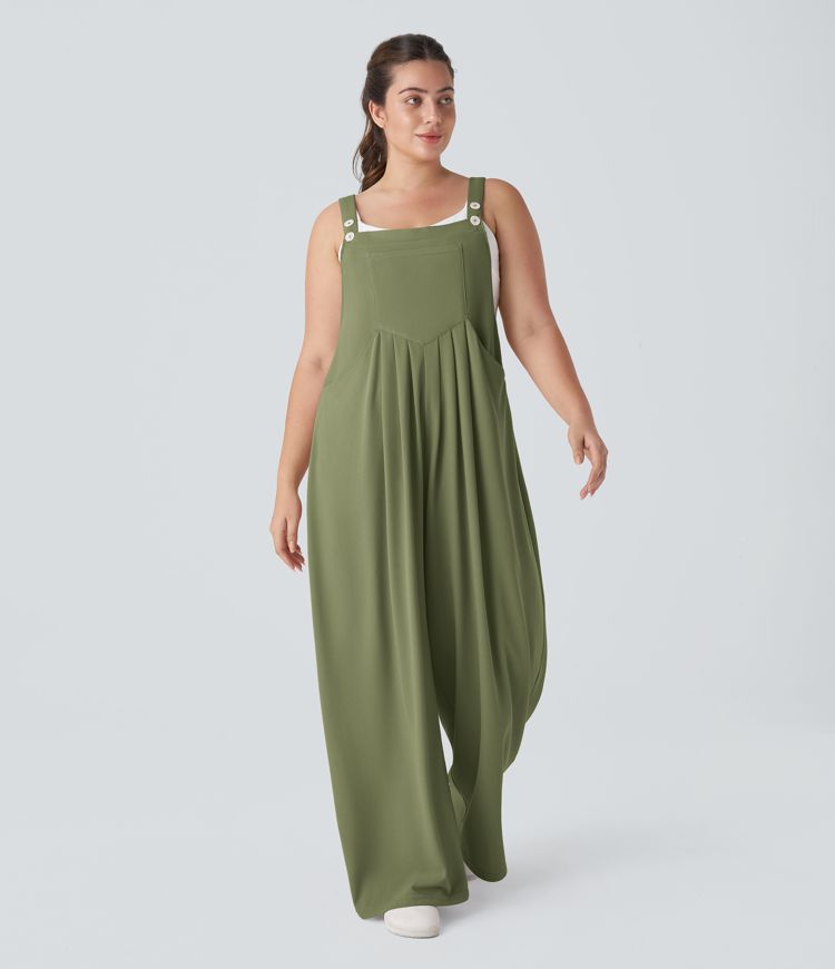 Adjustable Strap Button Multiple Pockets Waffle Casual Plus Size Overalls