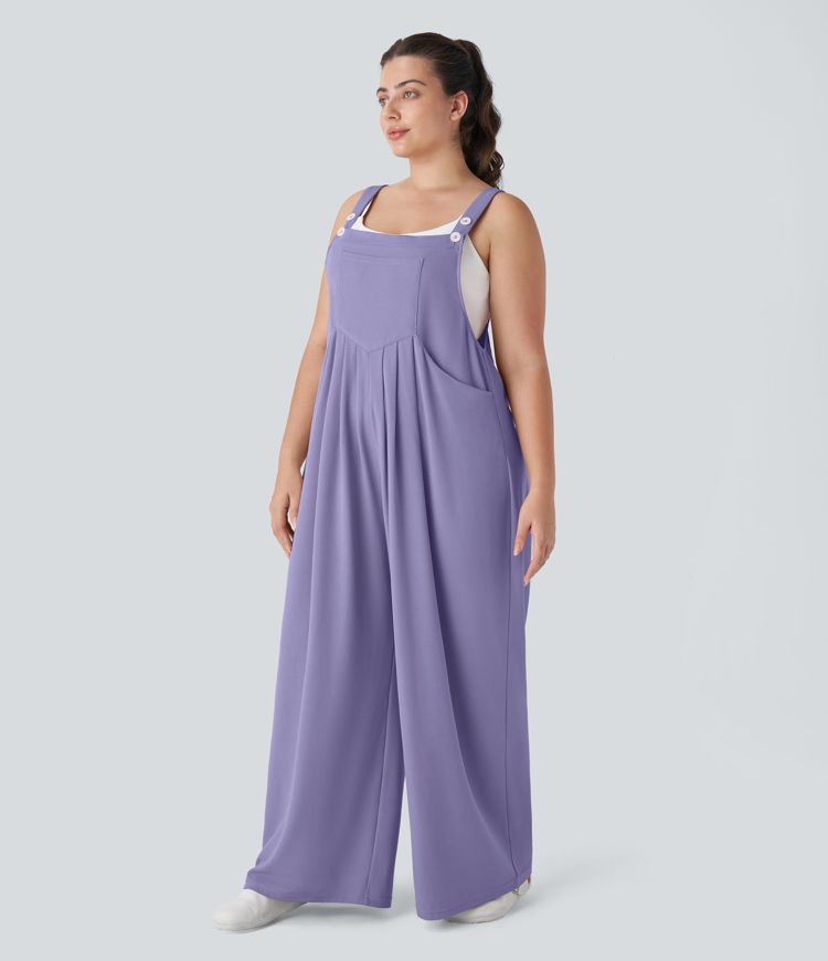 Adjustable Strap Button Multiple Pockets Plicated Waffle Casual Plus Size Overalls