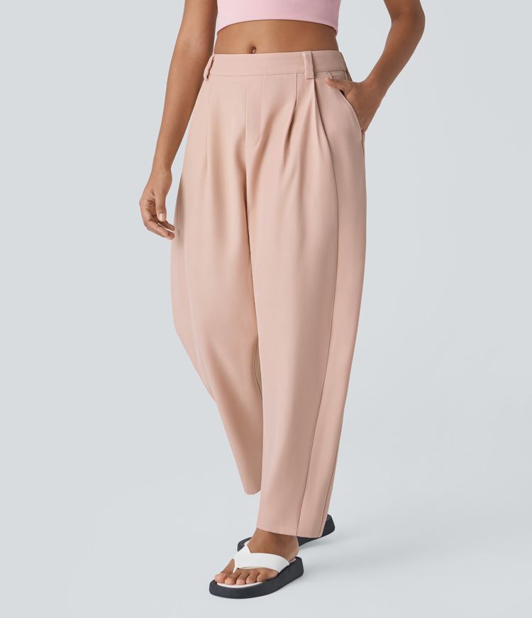 Pantalon Tailleur Plissé Taille Mi-Haute Poches Latérales