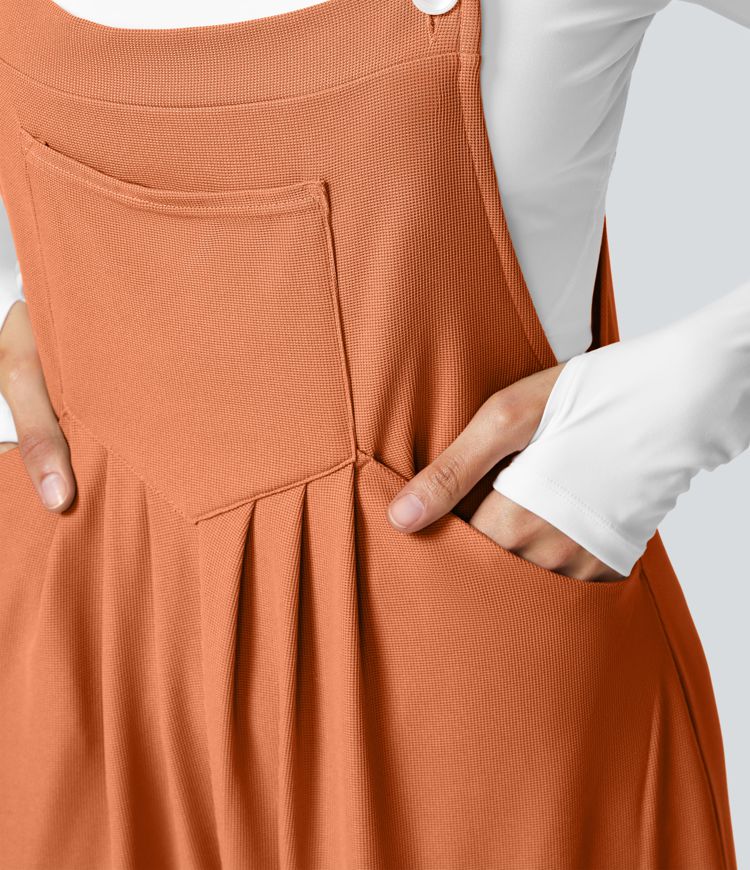 Salopette Décontractée Gaufrée Plissée Poches Multiples Avec Boutons Bretelles Réglables