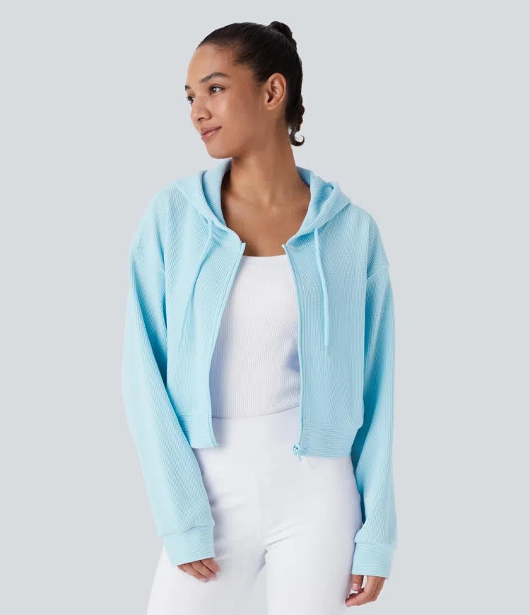 Waffle Hooded Drawstring Zipper Cropped Casual Cotton Sports Sweatshirt