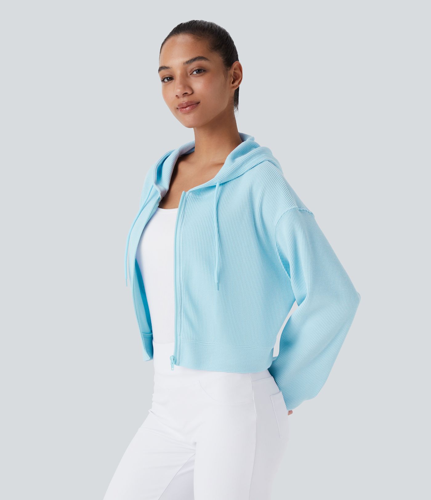 Waffle Hooded Drawstring Zipper Cropped Casual Cotton Sports Sweatshirt