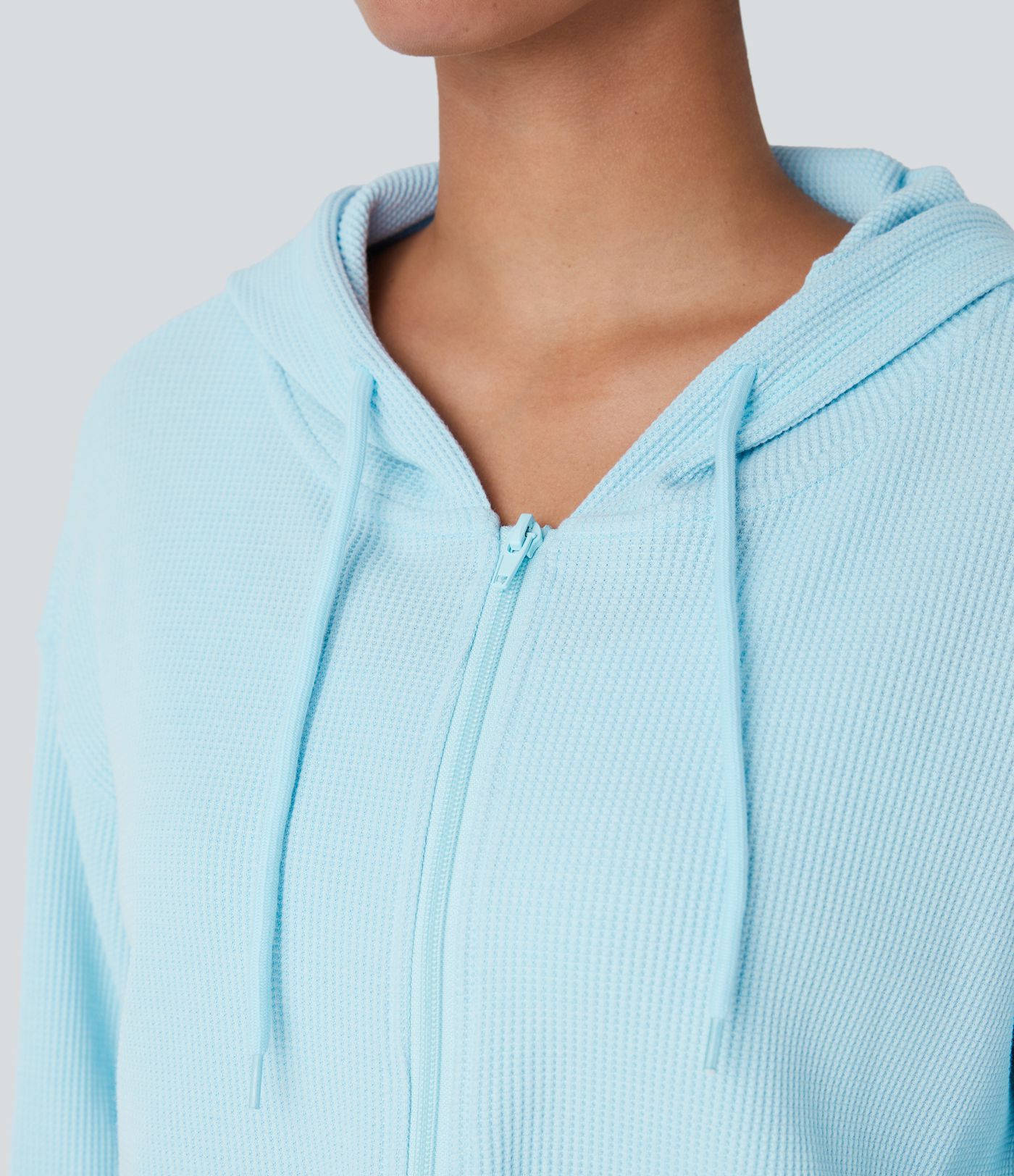 Waffle Hooded Drawstring Zipper Cropped Casual Cotton Sports Sweatshirt
