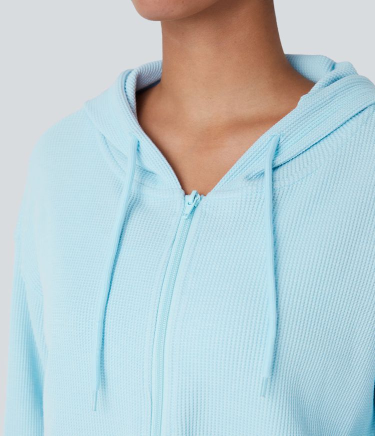 Waffle Hooded Drawstring Zipper Cropped Casual Cotton Sports Sweatshirt