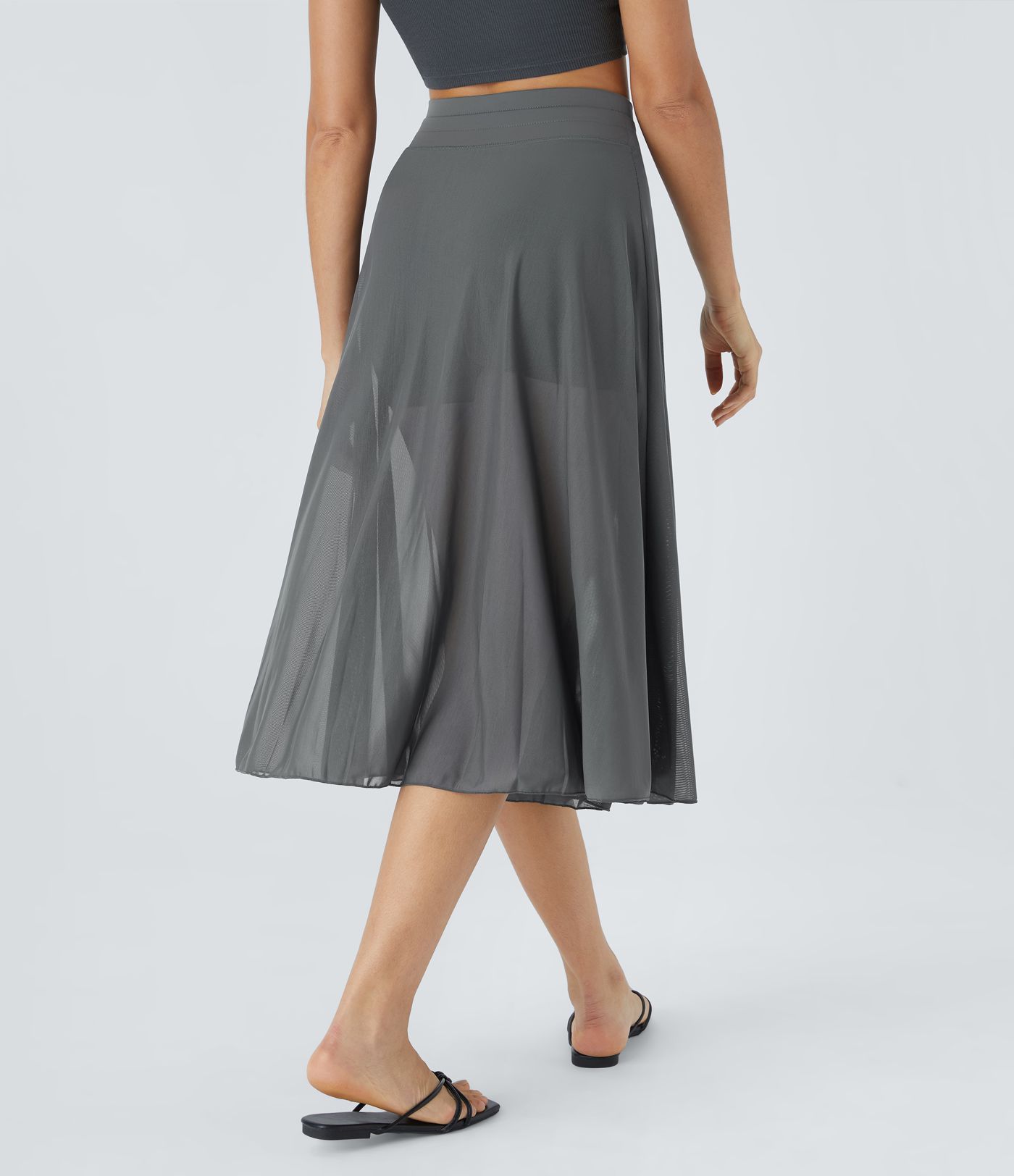 2-in-1 Midi-Hosenrock mit hohem Bund, Seitentaschen, Kordelzug und kontrastierendem Netz