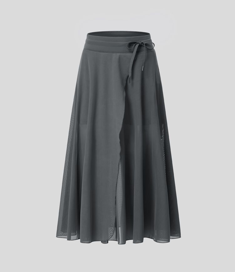 2-in-1 Midi-Hosenrock mit hohem Bund, Seitentaschen, Kordelzug und kontrastierendem Netz