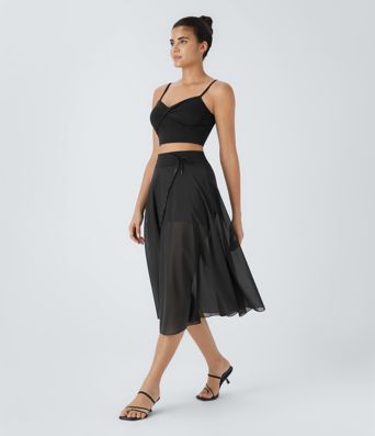 High Waisted Drawstring Contrast Mesh 2-in-1 Pocket Flowy Midi Flare Casual Skirt