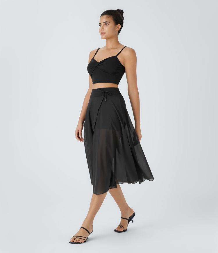 High Waisted Drawstring Contrast Mesh 2-in-1 Pocket Flowy Midi Flare Casual Skirt