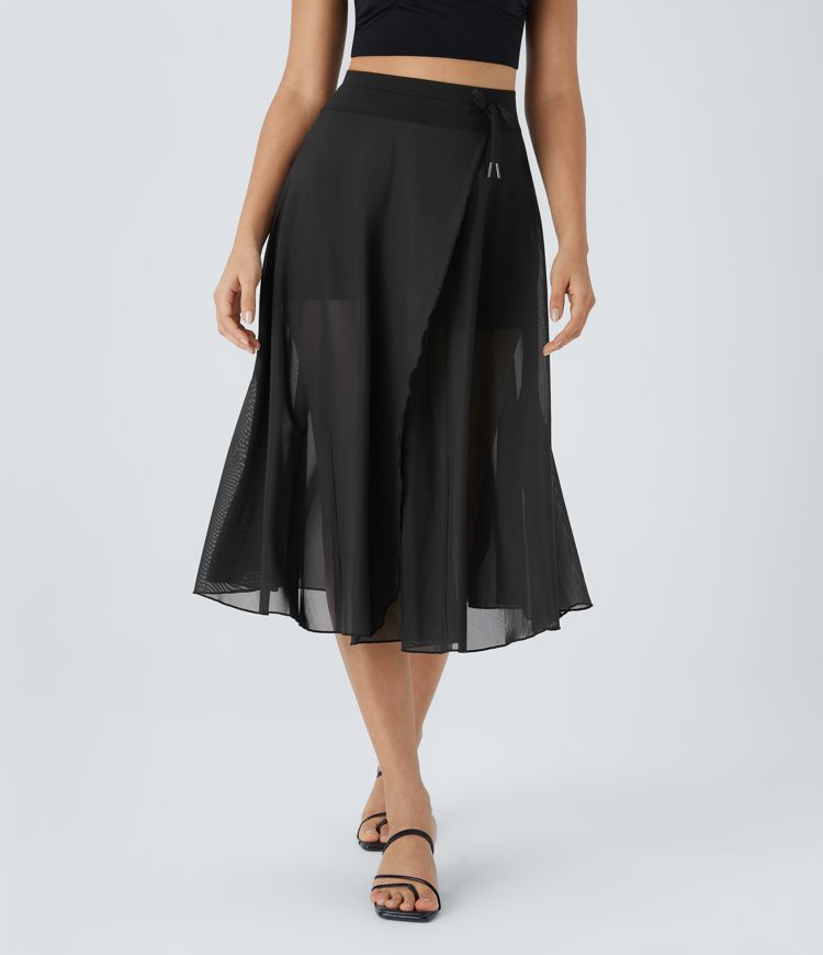 High Waisted Drawstring Contrast Mesh 2-in-1 Side Pocket Flowy Midi Flare Casual Skirt