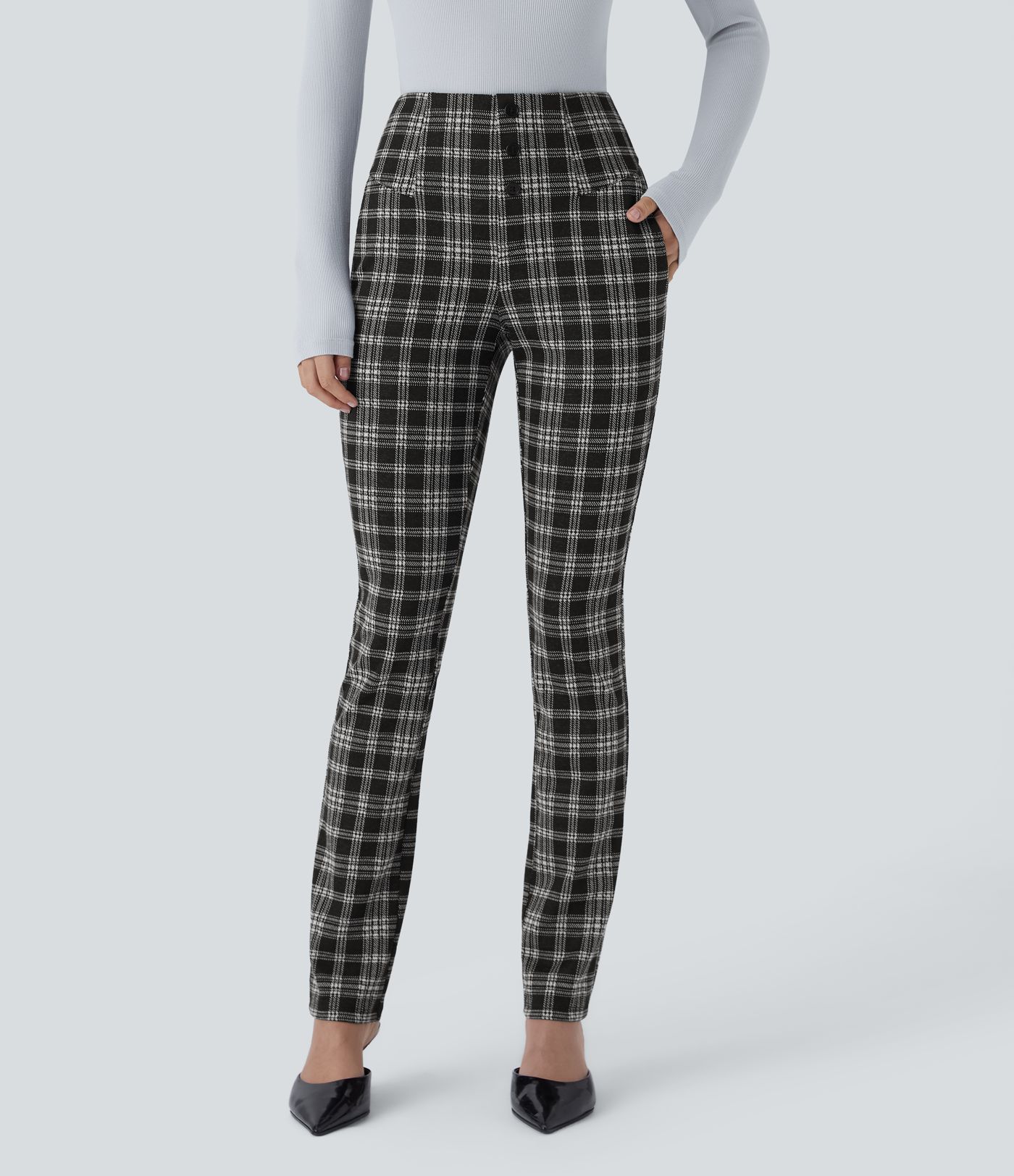 Halara Flex™ High Waisted Houndstooth Plaid Skinny Work Trousers with Pockets