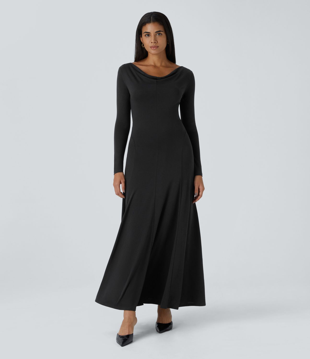 Cowl neck long sleeve relaxed fit flare maxi casual dress